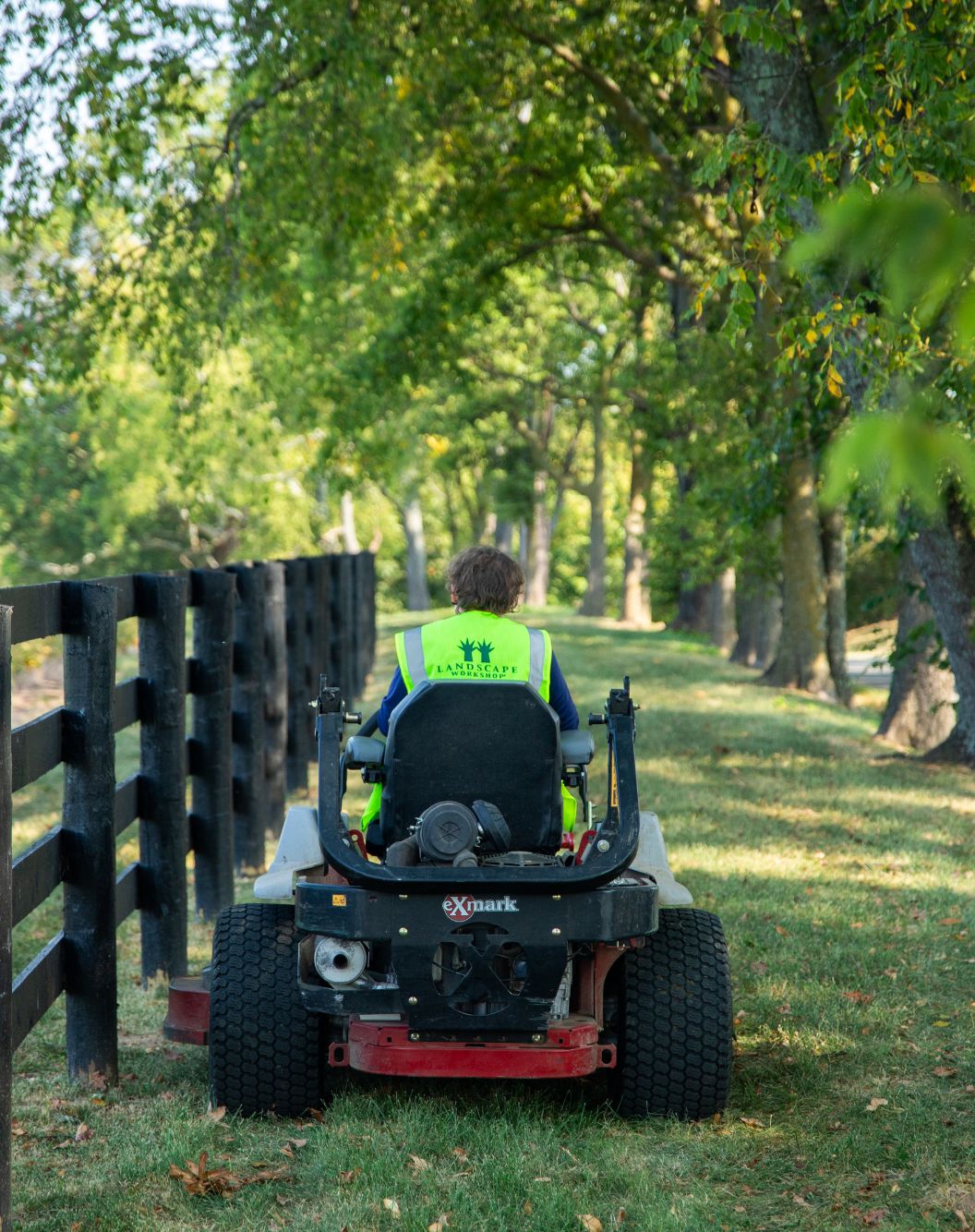 Person operating a lawnmower between a fence and trees.