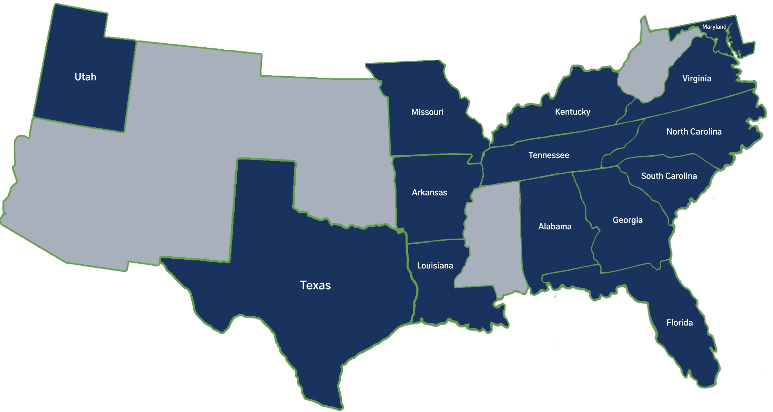 Branch map with clickable blue states and inactive gray states.